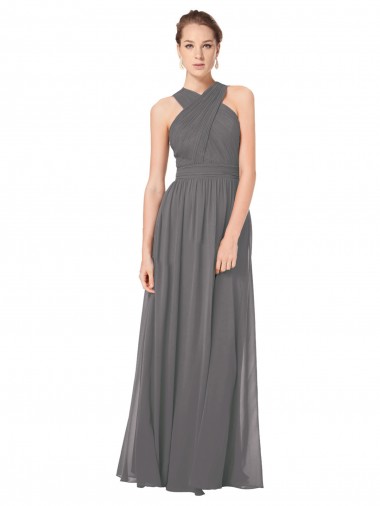 Stormy Silver A-Linien Neckholder Chiffon Lange Brautjungfernkleider Online