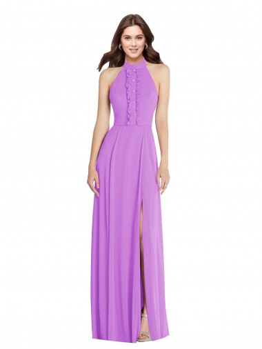 Violett A-Linien Neckholder Chiffon Lange Formale Brautjungfernkleider / Abendkleider Online