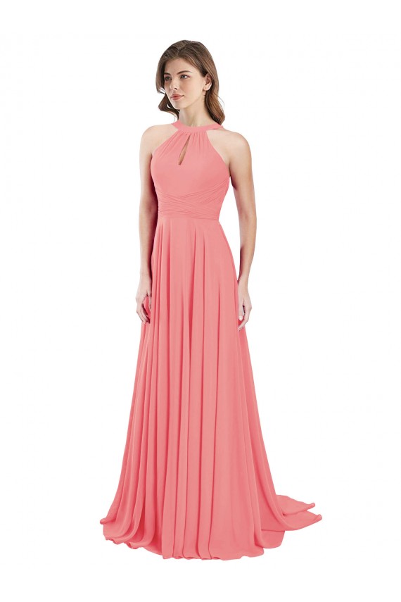Wassermelone A-Linien Neckholder Chiffon Lange Brautjungfernkleider Online