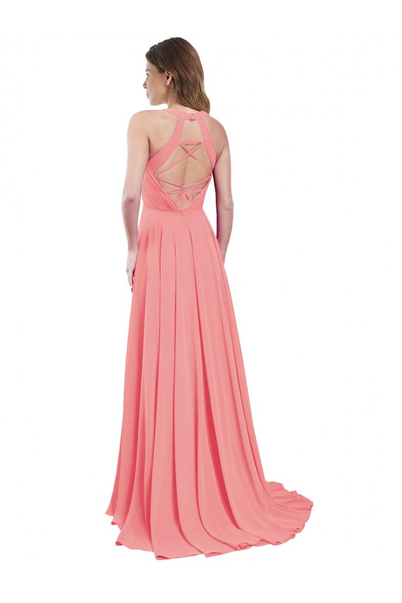 Wassermelone A-Linien Neckholder Chiffon Lange Brautjungfernkleider Online