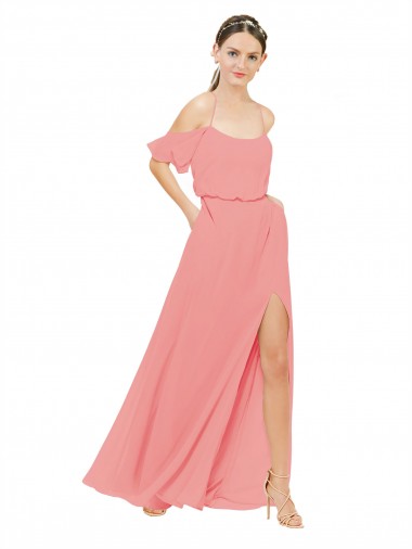 Wassermelone A-Linien Off-Schulter Chiffon Lange Brautjungfernkleider Online