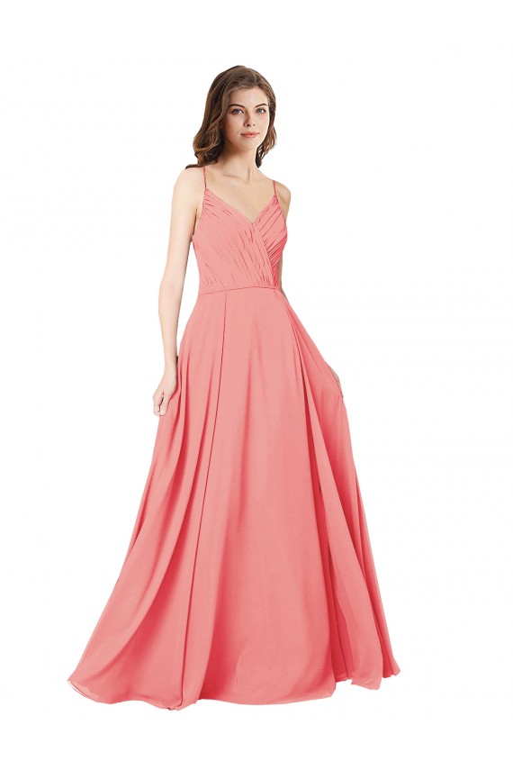 Wassermelone A-Linien V-Ausschnitt Chiffon Lange Brautjungfernkleider Online