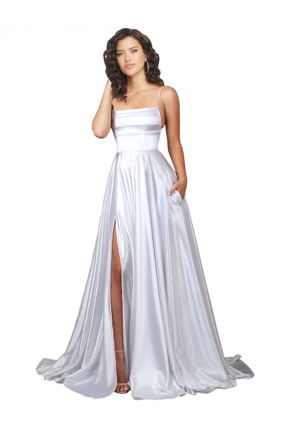 Weiß A-Linien Spaghetti-Träger Stretch-Satin Einfache Strand Brautkleider Online
