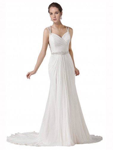 Weiß Etui Kapelle-schleppe Chiffon Strand Brautkleider Online