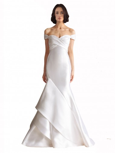 Weiß Meerjungfrau Off-Schulter Kapelle-schleppe Satin Strand Brautkleider Online