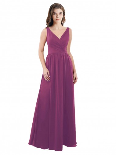 Wilde Beere A-Linien V-Ausschnitt Chiffon Lange Brautjungfernkleider Online