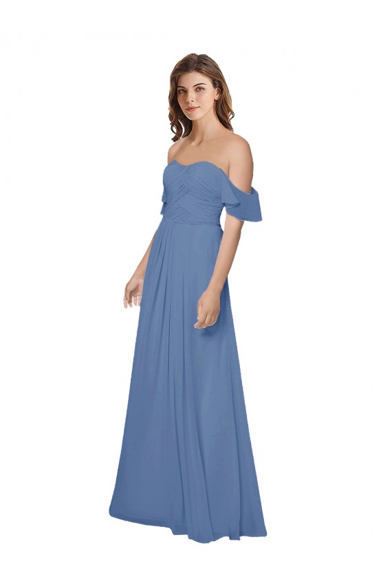 Windsor Blau A-Linien Off-Schulter Trägerlos Chiffon Lange Brautjungfernkleider Online
