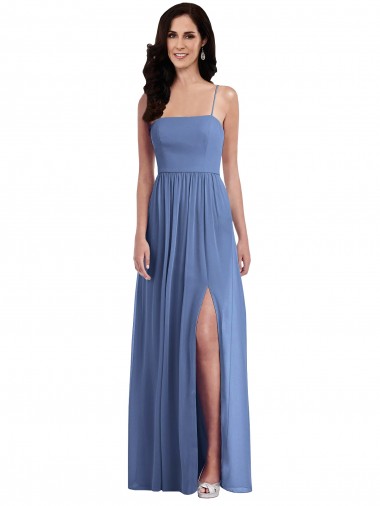 Windsor Blau A-Linien Spaghetti-Träger Chiffon Lange Brautjungfernkleider Online
