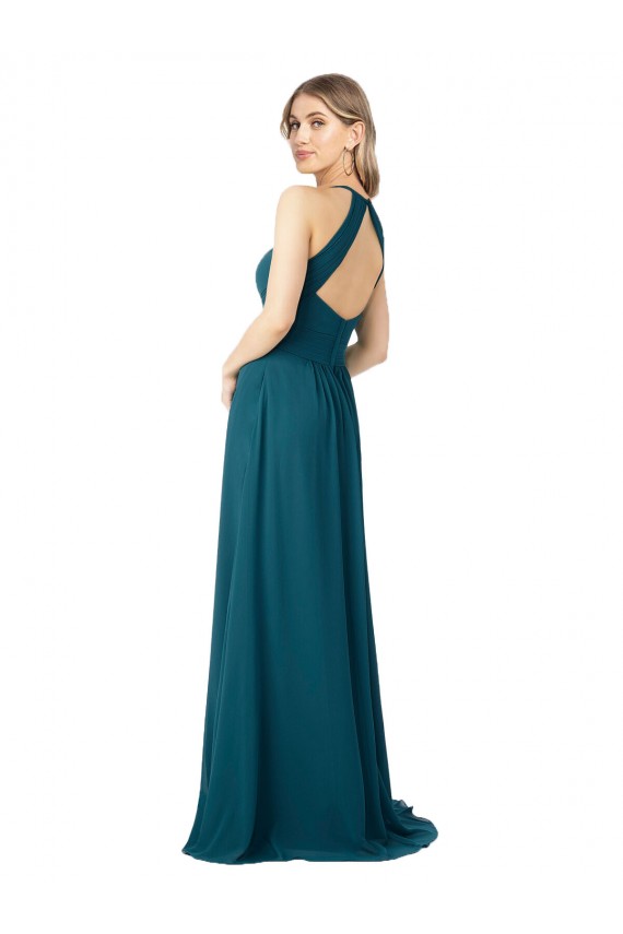 Windsor Blau A-Linien Stehkragen Ausschnitt Chiffon Lange Brautjungfernkleider Online