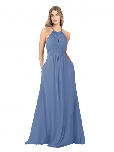 Windsor Blau A-Linien Stehkragen Ausschnitt Chiffon Lange Brautjungfernkleider Online
