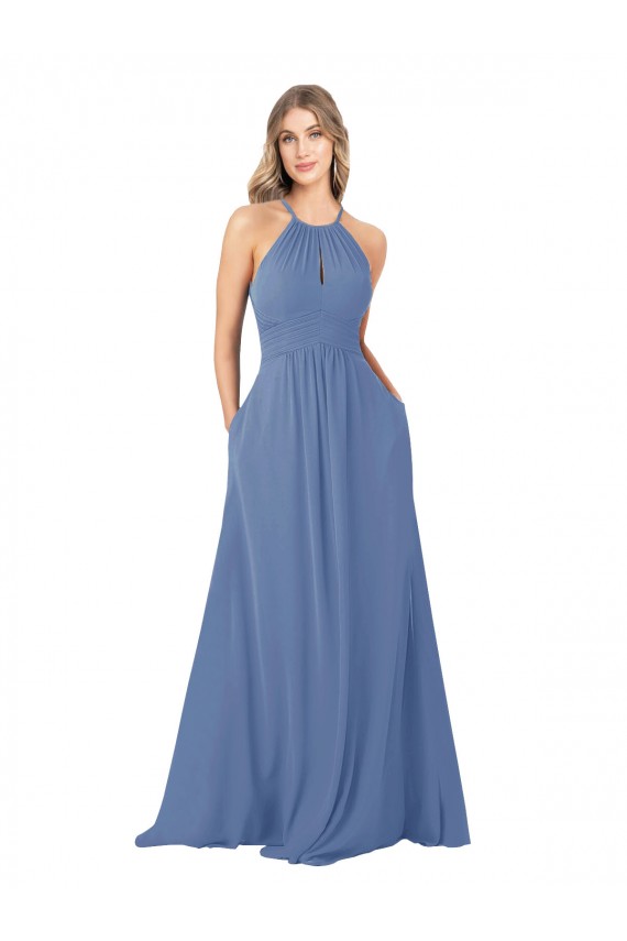 Windsor Blau A-Linien Stehkragen Ausschnitt Chiffon Lange Brautjungfernkleider Online