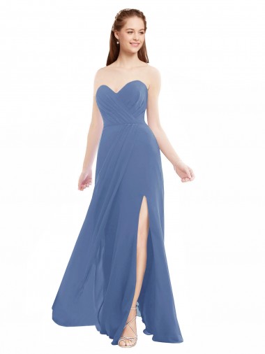 Windsor Blau A-Linien Trägerlos Chiffon Lange Brautjungfernkleider Online