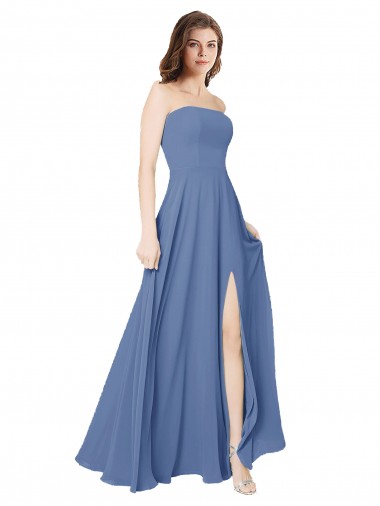 Windsor Blau A-Linien Trägerlos Chiffon Lange Brautjungfernkleider Online