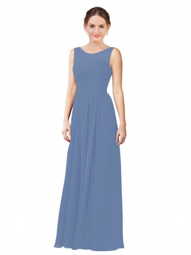 Windsor Blau Etui Illusion Ausschnitt Chiffon Lange Brautjungfernkleider Online