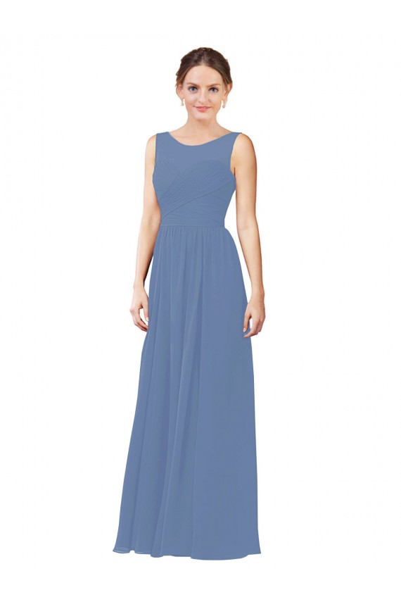 Windsor Blau Etui Illusion Ausschnitt Chiffon Lange Brautjungfernkleider Online