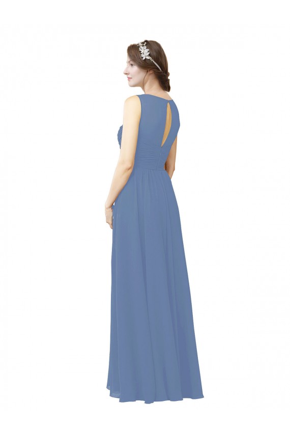 Windsor Blau Etui Illusion Ausschnitt Chiffon Lange Brautjungfernkleider Online