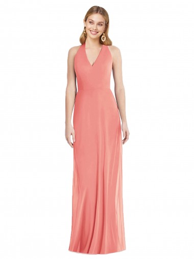 Wüstenrose Trompete Neckholder V-Ausschnitt Chiffon Lange Formale Brautjungfernkleider / Abendkleider Online