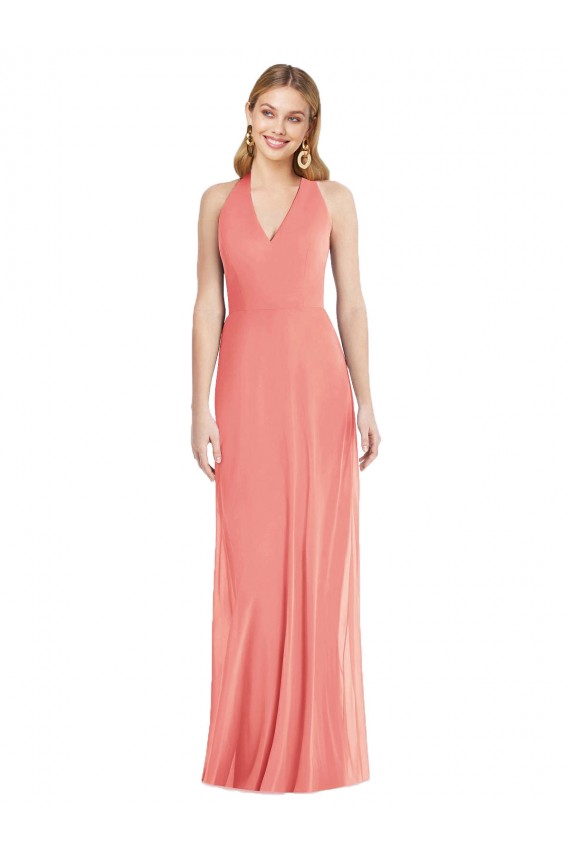 Wüstenrose Trompete Neckholder V-Ausschnitt Chiffon Lange Formale Brautjungfernkleider / Abendkleider Online